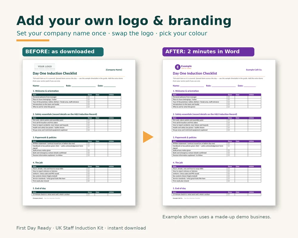 Before and after: a template with the YOUR LOGO box, then branded with a company logo and colour